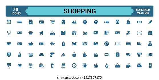 Compras conjunto de ícones sólidos, Compras on-line, loja, entrega, Coleção de ícones preenchidos, ícones de glifos definidos para web e ui. Ilustração vetorial editável.