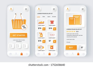 Shopping solution unique neumorphic design kit. Shopping app for food, clothing, footwear with discount offer. Internet marketplace platform UI, UX template set. GUI for responsive mobile application.