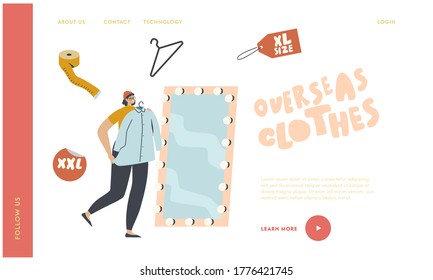 Shopping Spare Time, Hobby Landing Page Template. Female Character Wear Oversize Clothes. Young Plus Size Woman Choose or Try on Fashioned XL Apparel in Store at Mirror. Linear Vector Illustration