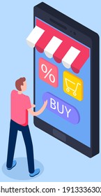 Shopping with special store application. Man is using smartphone with app to buy and order. Screen with tent and buttons with percent and shopping cart. Male character is buying stuff online