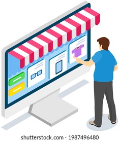 Compras con tienda especial. El hombre está usando una computadora con un sitio web para comprar y ordenar. Carácter masculino está comprando artículos en línea. Sitio web para la plantilla de página de inicio de compras en línea en el monitor