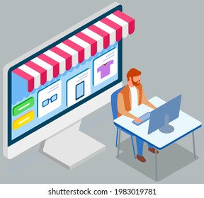 Shopping with special store computer program. Man is using laptop for buying and ordering goods. Male character is shopping online. Application interface for online shopping on computer monitor