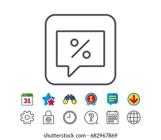 Shopping speech bubble line icon. Special offer chat sign. Sale with Discounts symbol. Calendar, Globe and Chat line signs. Binoculars, Award and Download icons. Editable stroke. Vector