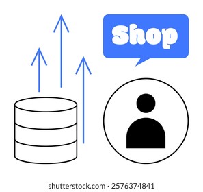 Shopping speech bubble, user icon, and rising arrows with database represent growth and e-commerce trends. Ideal for retail, e-commerce, marketing, customer analytics, online sales. Simple vector