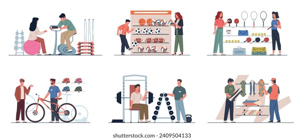 Shopping in sport store. People buy sporting goods, athletes and amateurs near stands with rackets, balls and dumbbells, happy customers and seller, cartoon isolated nowaday vector set