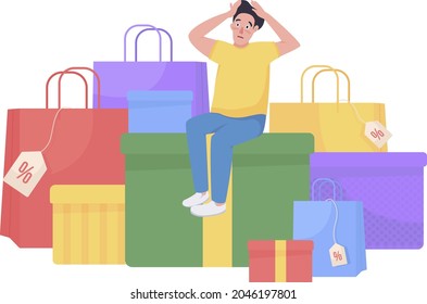 Shopping spree flat concept vector illustration. Consumerism and retail. Shopaholic surrounded by store bags isolated 2D cartoon character on white for web design. Seasonal sale creative idea