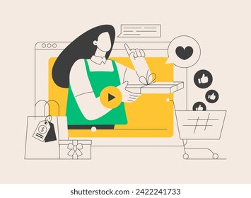 Shopping sprees video abstract concept vector illustration. Shopping mall video, spree haul content, fashion lifestyle channel, retail therapy, personal vlog, homemade marketing abstract metaphor.