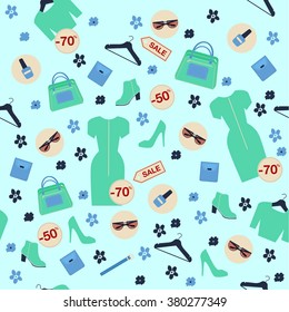 Shopping Spring Sale Seamless Pattern. Accessories, Clothing and Fashion Elements. Vector illustration