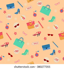 Shopping Spring Sale Seamless Pattern. Accessories, Clothing and Fashion Elements. Vector illustration