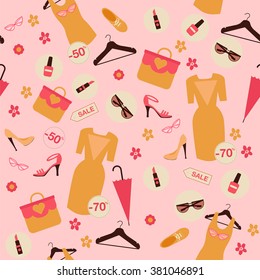 Shopping Spring Sale Seamless Pattern. Accessories, Clothing and Fashion Elements. Vector illustration
