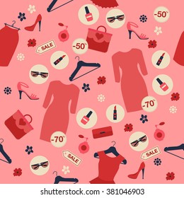 Shopping Spring Sale Seamless Pattern. Accessories, Clothing and Fashion Elements. Vector illustration