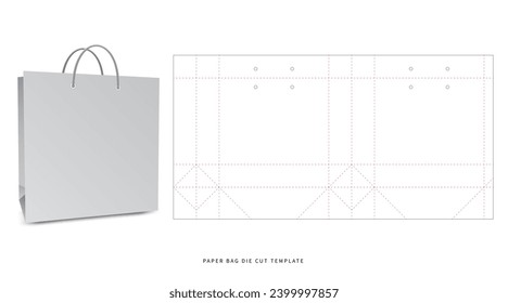 shopping - square paper bag die cut template - with  preview mockup - editable blueprint layout with cutting and creasing lines - vector EPS file