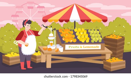 Shopping stall in city amusement park with fruits and lemonade on  counter flat background vector illustration