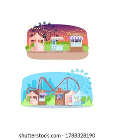 Shopping stalls in amusement park semi flat vector illustrations set. Street fair entertainment, retail kiosks and attractions. Summer festival 2D cartoon backgrounds pack for commercial use
