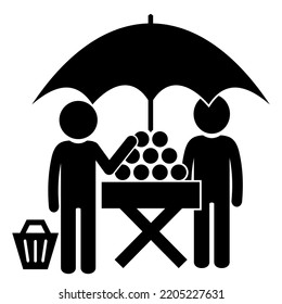 shopping stand with parasol, a salesman at a stand and a customer shopping, black vector icon