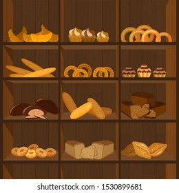 Shopping stands with bakery products. Supermarket shelves with wheat, rye and whole grain bread. Pretzel and bagel, ciabatta and muffin, croissant and French baguette, long loaf and toasts. Vector