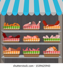 Shopping stands with meat products in baskets. Supermarket shelves with sausages and chicken drumsticks, ham and bacon. Vector illustration.