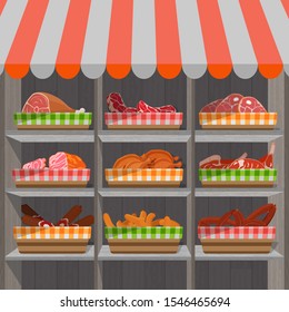 Shopping stands with meat products in baskets. Supermarket shelves with sausages and c chicken drumsticks, ham and bacon. Vector illustration.