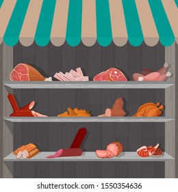 Shopping stands with meat products. Supermarket shelves with sausages and c chicken drumsticks, ham and bacon. Vector illustration.