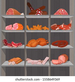 Shopping stands with meat products. Supermarket shelves with sausages and c chicken drumsticks, ham and bacon. Vector illustration.