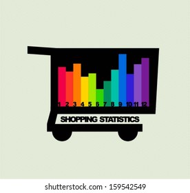 Shopping statistics bar chart with shopping trolley / carts. Concept for print or web design (element, icon). Vector illustration