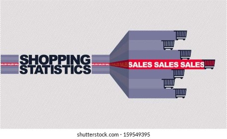 Shopping statistics bar chart with shopping trolley / carts. Concept for print or web design (element, icon). Vector illustration