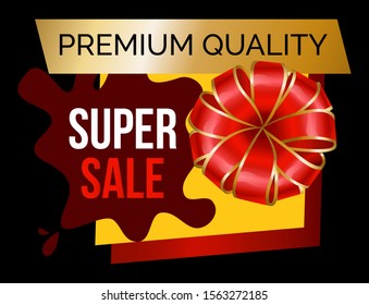 Shopping stickers or label big discount and best choice. Logotype limited promotion decoration by ribbon and bow. Super sale shop now, poster fantastic offer and special price on holiday vector