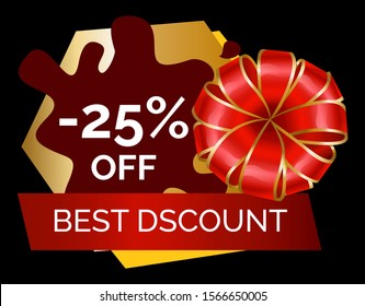 Shopping stickers or label big discount and best choice. Logotype limited promotion decoration by ribbon and bow. Super sale shop now, poster fantastic offer and special price on holiday vector