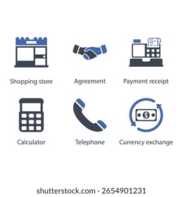 Shopping store, Agreement, Payment receipt, Calculator, Telephone, Currency exchange, icon