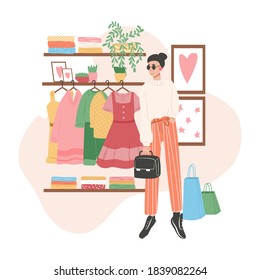 Shopping store card design. Woman in fashionable clothes, shelves with clothes, textile, and accessorizes vector flat cartoon illustration. Wardrobe store, seasonal sale poster template.