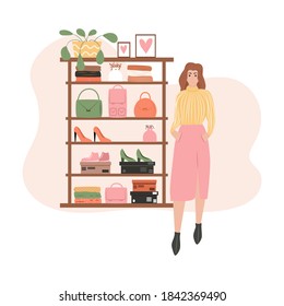 Shopping store card design. Woman in fashionable clothes, shelves with shoes, purses, and accessorizes vector flat cartoon illustration. Wardrobe store, seasonal sale poster template.
