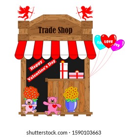 Shopping store with goods for Valentines Day, teddy bears with hearts, heart-shaped balloons, flowers, gifts, cupids, inscription Happy Valentines Day. White neutral background.