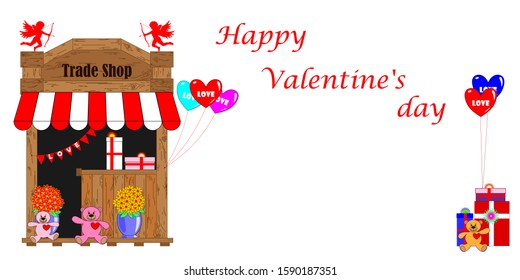 Shopping store with goods for Valentines Day, teddy bears with hearts, heart-shaped balloons, flowers, gifts, cupids, inscription Happy Valentines Day. White neutral background.