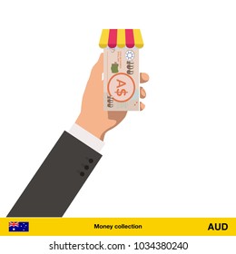 Shopping in the store. Hand giving  Australian dollar banknote vector illustration.