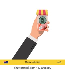 Shopping in the store. Hand giving Australian Dollar banknote vector illustration.