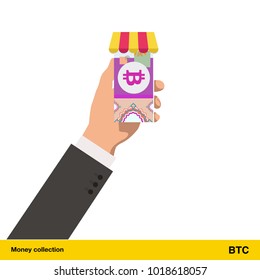 Shopping in the store. Hand giving Bitcoin banknote vector illustration.