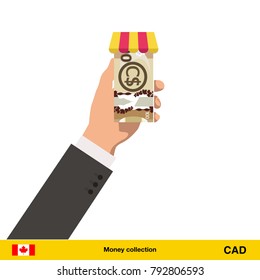 Shopping in the store. Hand giving Canadian dollar banknote vector illustration.