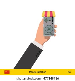 Shopping in the store. Hand giving Chinese Yuan banknote vector illustration.
