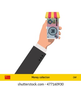 Shopping in the store. Hand giving Chinese Yuan banknote vector illustration.