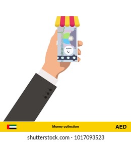 Shopping in the store. Hand giving Dirham banknote vector illustration.