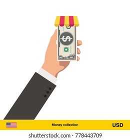 Shopping in the store. Hand giving Dollar banknote vector illustration.