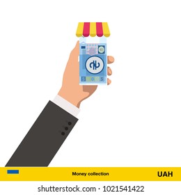 Shopping in the store. Hand giving  hryvnia banknote vector illustration.