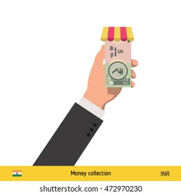 Shopping in the store. Hand giving Indian Rupee banknote vector illustration.