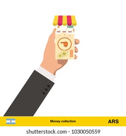 Shopping in the store. Hand giving  peso banknote vector illustration.