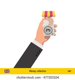 Shopping in the store. Hand giving Pound banknote vector illustration.