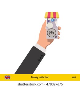 Shopping in the store. Hand giving Pound banknote vector illustration.