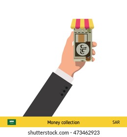 Shopping in the store. Hand giving Saudi Arabian riyal banknote vector illustration.