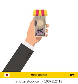 Shopping in the store. Hand giving Yen banknote vector illustration.