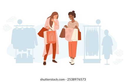 Shopping in store. Happy women couple girlfriends buyers near store rack with clothes and female mannequin. Vector illustration. Holiday Female character shopper, purchase, Black Friday.