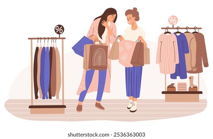 Shopping in store. Happy women girlfriends buyers with packages near store rack with fashionable clothes on hangers and things. Vector illustration. Holiday female shopper, purchase, Black Friday